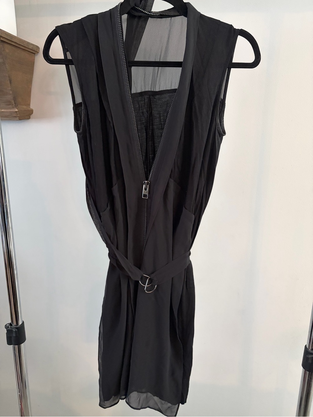 Allsaints Lewis Li Zipper Black Silk Dress with tie waist and full zip Size 4 - Picture 3 of 8